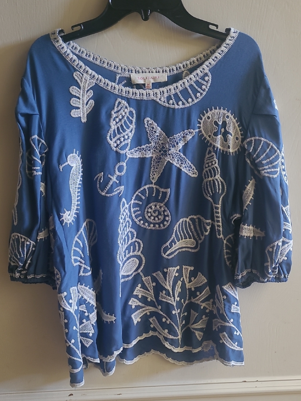 Solitaire Embroidered Blue Nautical Boho Blouse Sz M